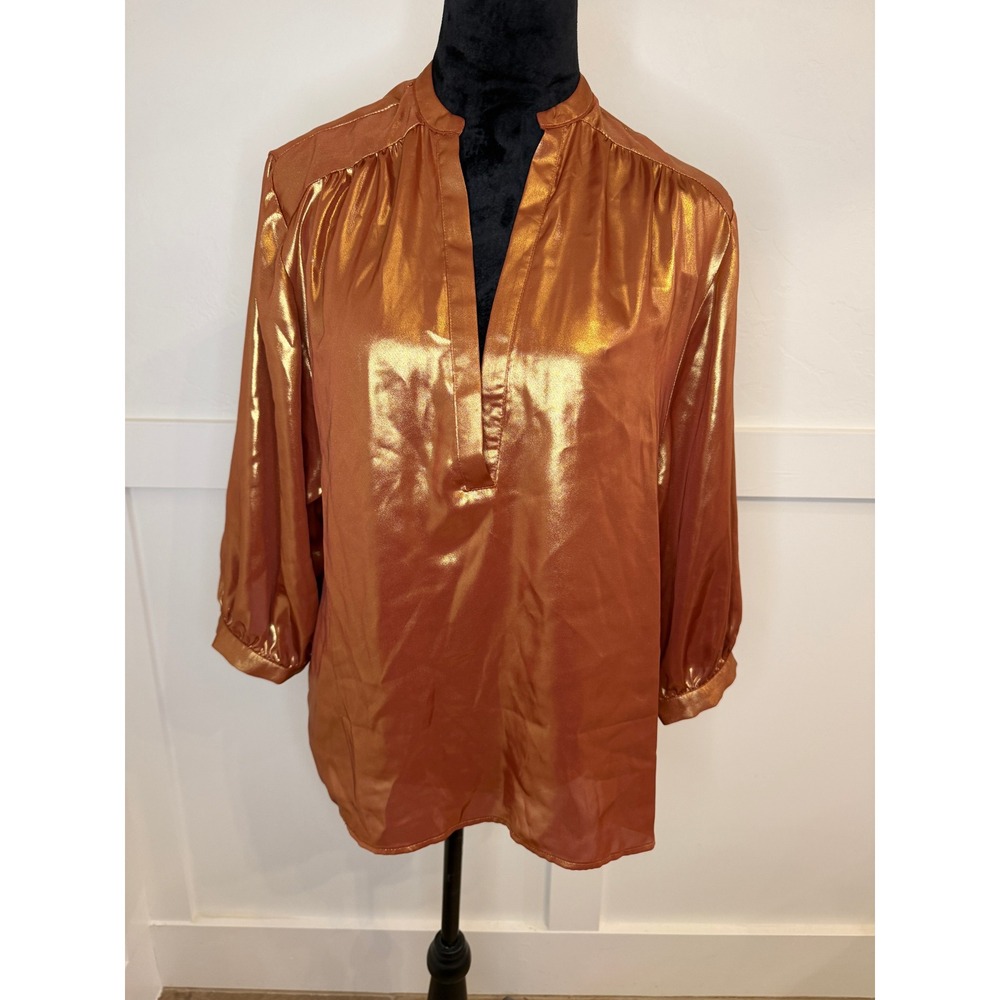 Anthropologie Metallic Bronze V-Neck Tunic Blouse 3/4 Sleeve Gold Copper Medium - Picture 2 of 9
